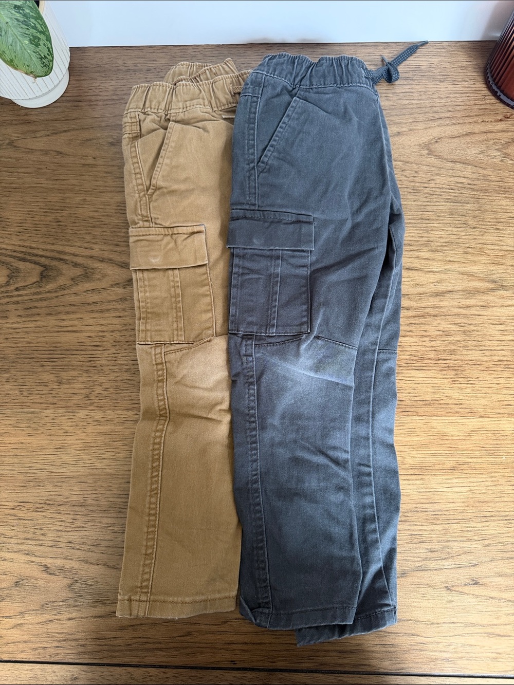 Kids Cargo Pants Duo — Tan and Gray, Elastic Waist Casual Bottoms